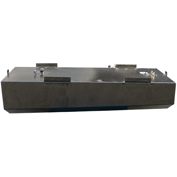 A long, black boat fuel tank with a textured coating, seen in profile against a checkered background. The tank features a distinctive stepped bottom with a recessed channel running along its length. Four large, textured mounting tabs and lifting eye bolts are visible on the top surface, along with fuel fittings at either end