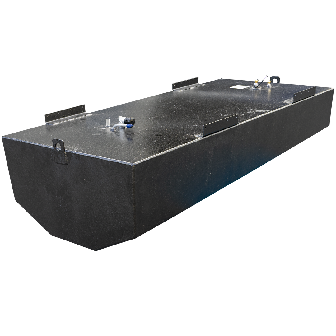 A long, rectangular boat fuel tank with a black textured coating, viewed from a high three-quarter angle. The front bottom edge of the tank is rounded to fit a boat's hull. A heavy-duty lifting eye bolt is welded to the top front corner, and multiple flat mounting tabs line the top edges. The top surface is equipped with a fuel sending unit assembly near the front and another fitting with a blue cap at the rear