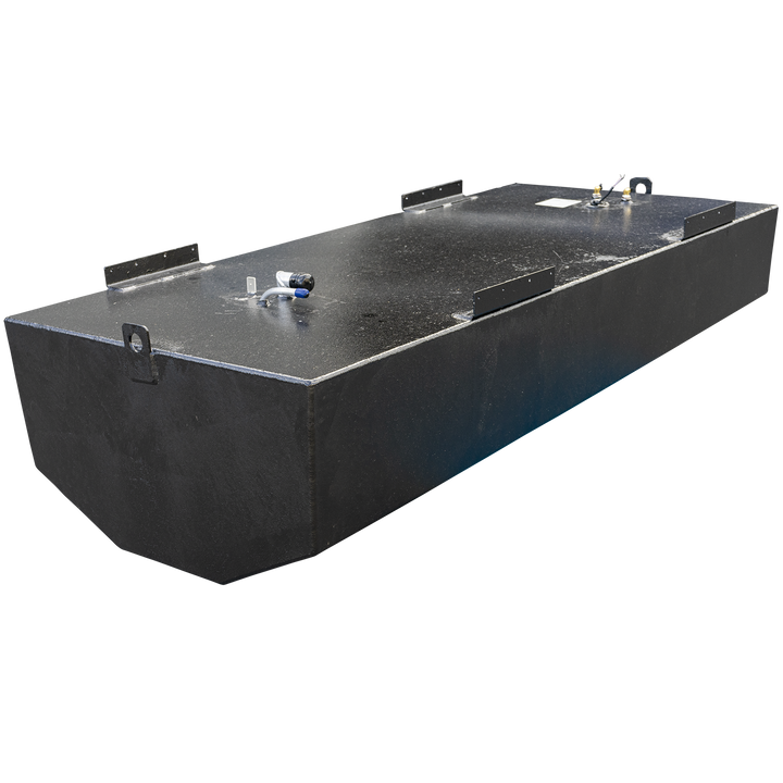 A long, rectangular boat fuel tank with a black textured coating, viewed from a high three-quarter angle. The front bottom edge of the tank is rounded to fit a boat's hull. A heavy-duty lifting eye bolt is welded to the top front corner, and multiple flat mounting tabs line the top edges. The top surface is equipped with a fuel sending unit assembly near the front and another fitting with a blue cap at the rear