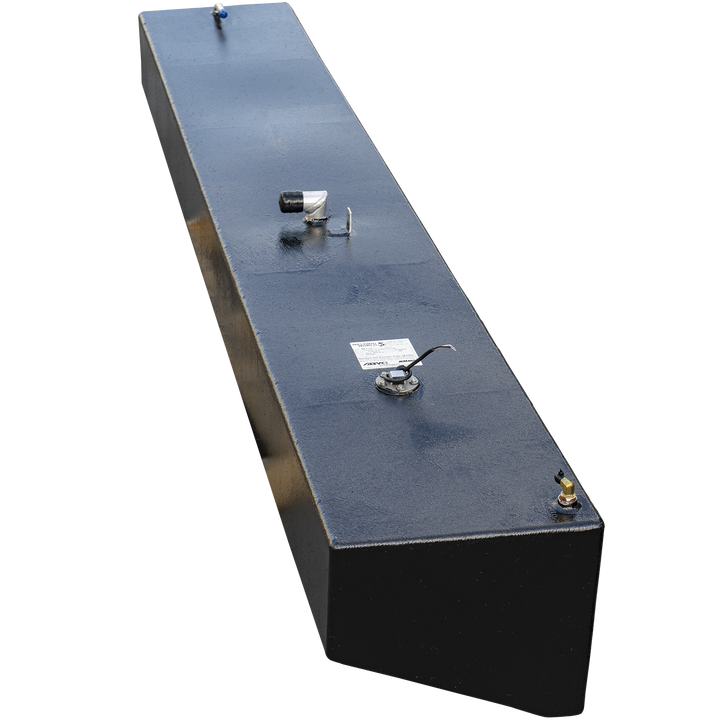 A very long and narrow rectangular boat fuel tank with a textured black coating, viewed from a high three-quarter angle that emphasizes its length. The tank is set against a checkered background. Its flat top surface is equipped with several fittings spaced along its length, including a corner brass fitting, a fuel sending unit with a label, an L-shaped valve, and a blue-tipped fitting at the far end