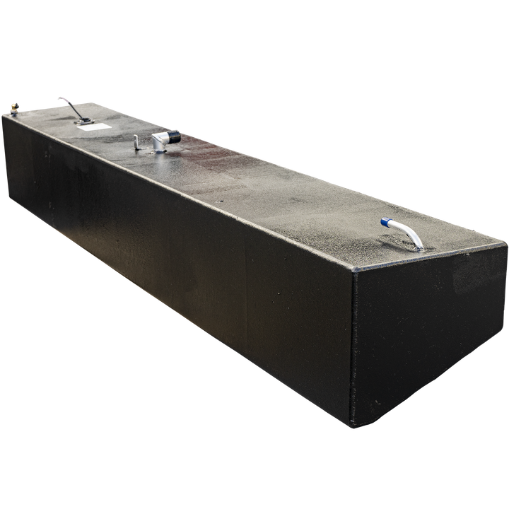 A long, narrow, rectangular boat fuel tank with a textured black finish, seen in a three-quarter profile view against a checkered background. A curved white vent pipe is prominent on the top near corner. At the far end of the tank's flat top surface, an L-shaped valve and a fuel sending unit with a wire are visible