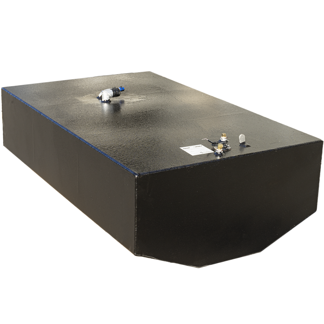A rectangular black boat fuel tank with slightly angled edges on one end. The tank has a textured finish with four metal fittings and connectors located on the top surface near one corner. The tank is displayed on a transparent background, clearly showing the shape and details. The tank has a capacity of 134 gallons