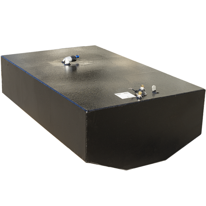 A rectangular black boat fuel tank with slightly angled edges on one end. The tank has a textured finish with four metal fittings and connectors located on the top surface near one corner. The tank is displayed on a transparent background, clearly showing the shape and details. The tank has a capacity of 134 gallons