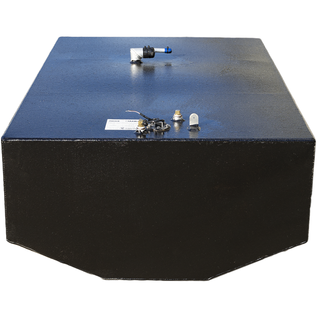 A rectangular black boat fuel tank with slightly angled edges at the bottom front. The tank has a rough textured surface and is shown from the front. On the top surface near the back, there are four metal fittings, connectors, and a small label attached. The tank is displayed on a transparent background, clearly showing its shape and details