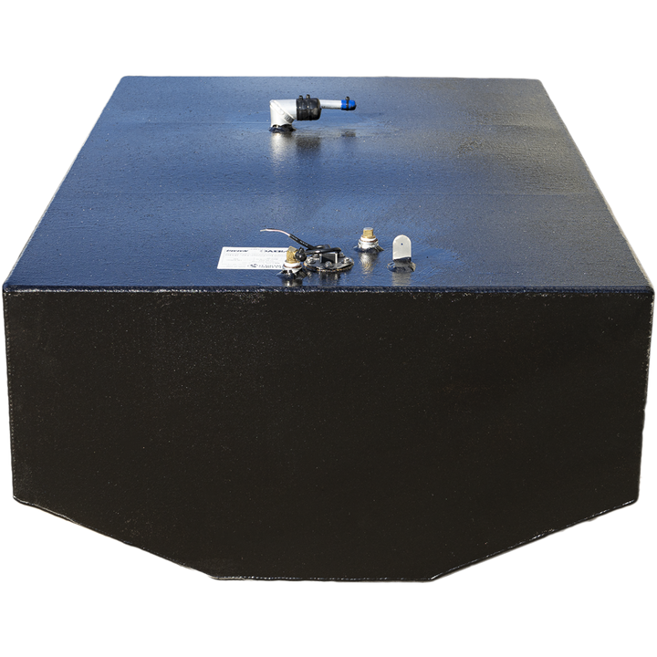 A rectangular black boat fuel tank with slightly angled edges at the bottom front. The tank has a rough textured surface and is shown from the front. On the top surface near the back, there are four metal fittings, connectors, and a small label attached. The tank is displayed on a transparent background, clearly showing its shape and details