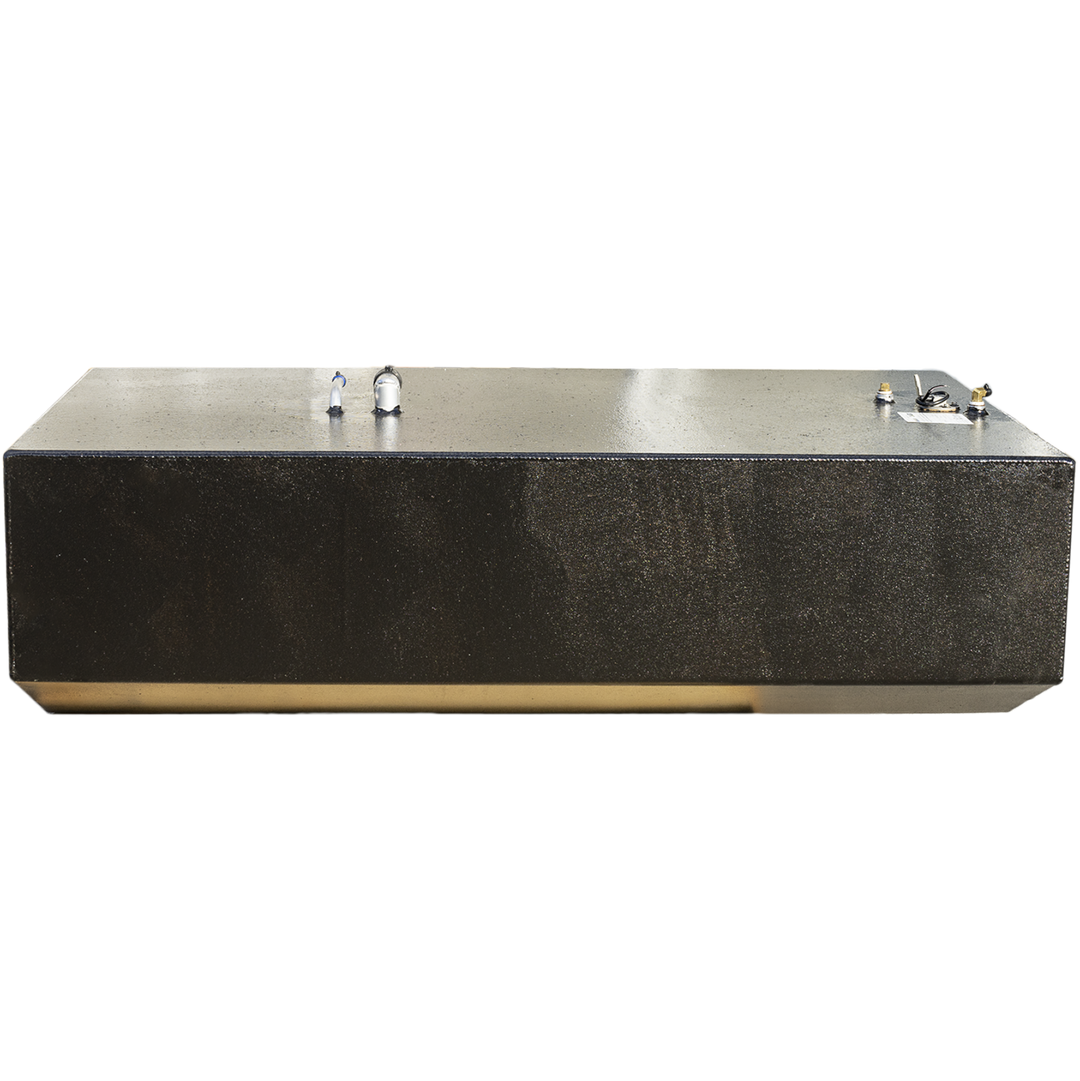 A large, rectangular black boat fuel tank with a textured finish, shown from the front. The tank has slightly angled edges at the bottom front and is sitting on a transparent background. On the top surface near the back, multiple metal fittings and connectors are visible, including pipes and a small label. The design highlights the tank’s shape, size, and connection points clearly