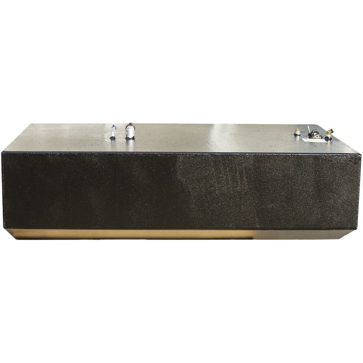 A large, rectangular black boat fuel tank with a textured finish, shown from the front. The tank has slightly angled edges at the bottom front and is sitting on a transparent background. On the top surface near the back, multiple metal fittings and connectors are visible, including pipes and a small label. The design highlights the tank’s shape, size, and connection points clearly