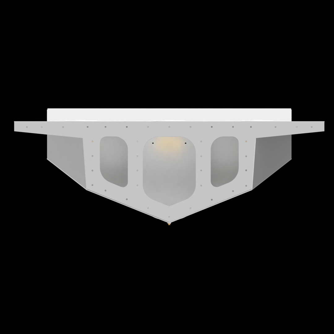 A 3D illustration of a high flotation triple outboard engine bracket, painted white. The bracket has three circular cutouts on the top surface, a sturdy vertical back panel, and support structures on the sides. The overall design appears robust and suitable for mounting three outboard engines
