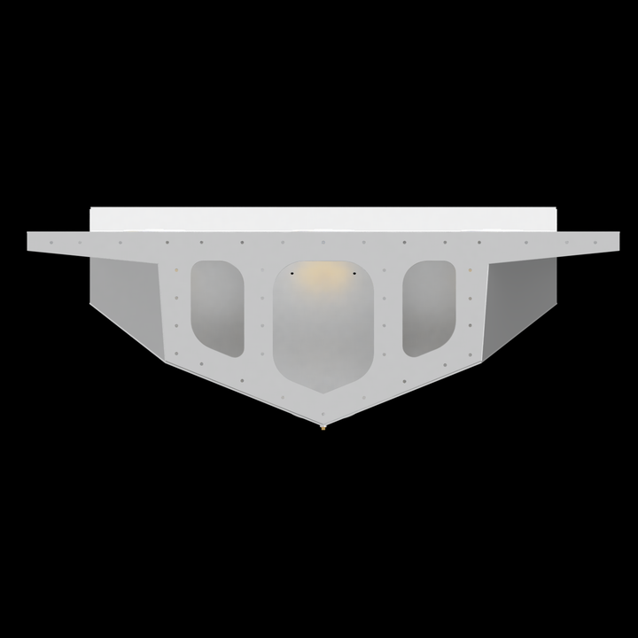 A 3D illustration of a high flotation triple outboard engine bracket, painted white. The bracket has three circular cutouts on the top surface, a sturdy vertical back panel, and support structures on the sides. The overall design appears robust and suitable for mounting three outboard engines