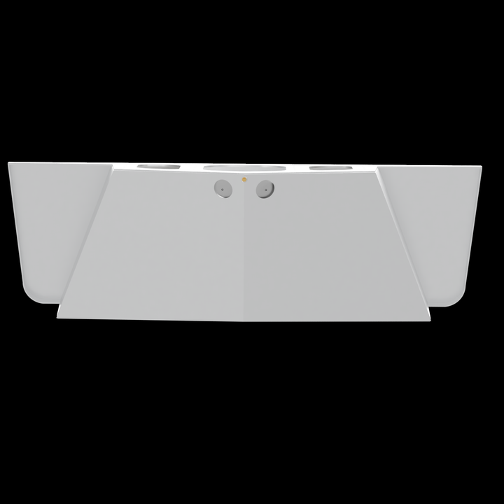 A white high flotation triple outboard engine bracket with two circular mounting holes at the top and a wide, flat base. The bracket is designed to support three outboard engines and has a sturdy, angular structure