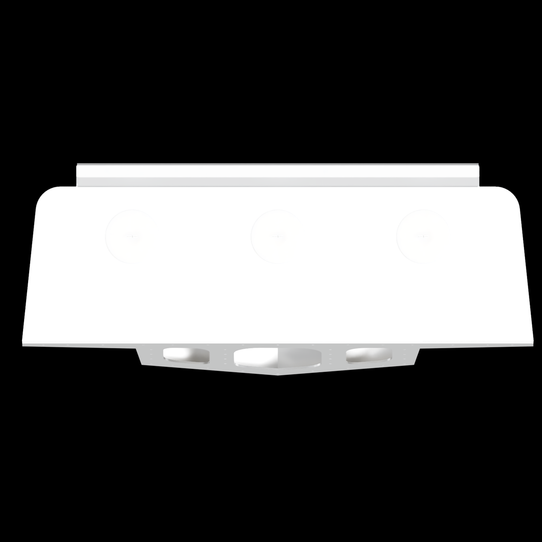A white high flotation triple outboard engine bracket with three circular mounting points on the top surface and a sturdy support structure underneath, designed to hold three outboard engines
