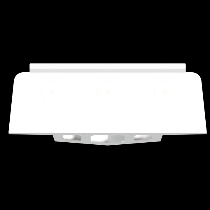 A white high flotation triple outboard engine bracket with three circular mounting points on the top surface and a sturdy support structure underneath, designed to hold three outboard engines