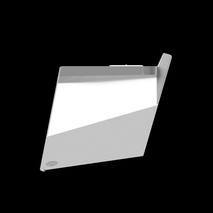 A 3D rendering of a high flotation triple outboard engine bracket made of metal, with a rectangular shape, angled support arm on the right side, and a flat mounting surface on top. The bracket is primarily silver in color