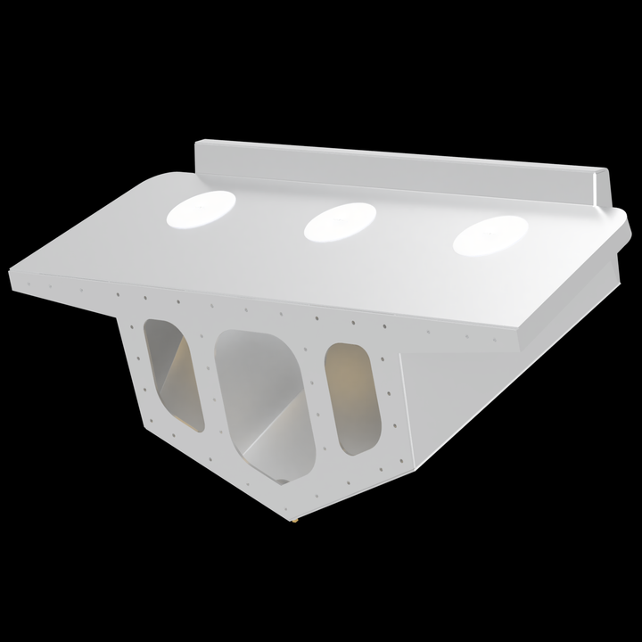 A 3D rendering of a high flotation triple outboard engine bracket, painted white. The bracket features three circular cutouts on the top surface, a vertical back panel, and multiple support openings on the sides. The design appears sturdy and suitable for mounting three outboard engines