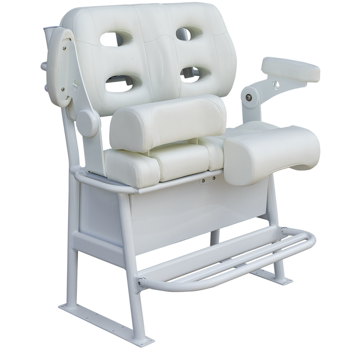 A white, cushioned fishing chair with multiple support pads, armrests, and a sturdy metal frame, designed for comfort and stability during long fishing trips