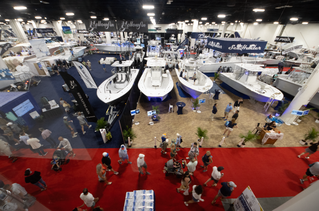Overhead view of boat displays at the Fort Lauderdale International Boat Show - Marine refit services by Welding World Inc. Miami.