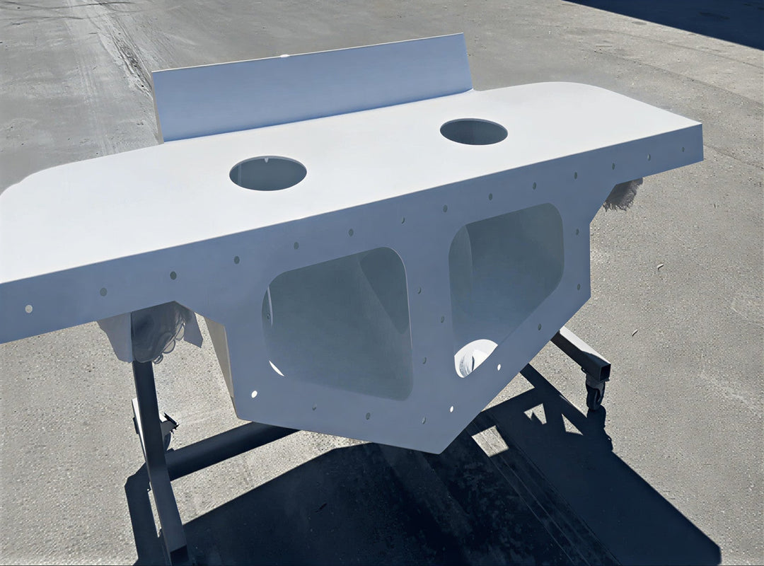 Custom fabricated white high flotation outboard bracket for marine vessel - Welding World Inc Miami