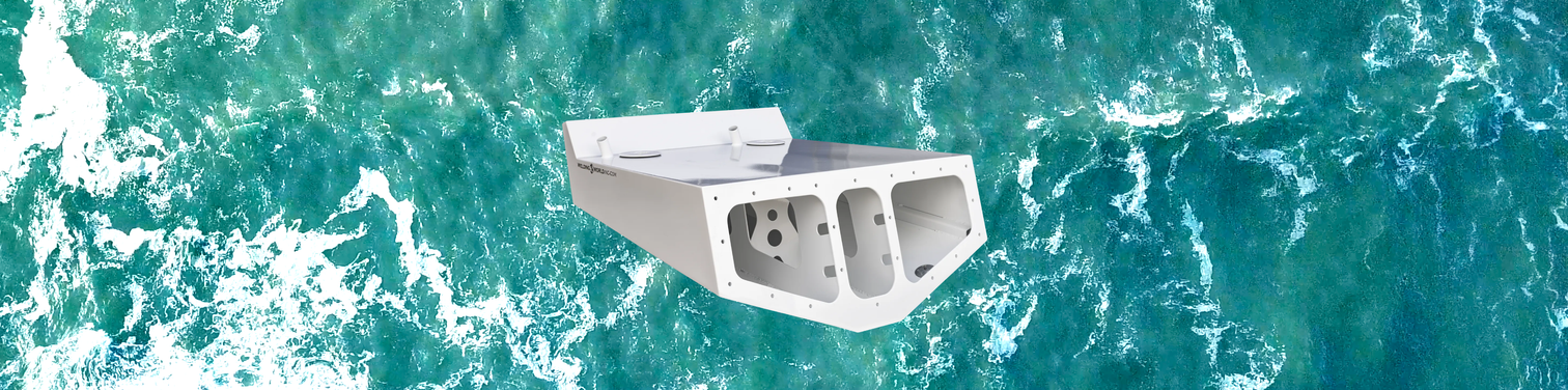 A white outboard engine bracket floating on the turquoise ocean with waves and white foam