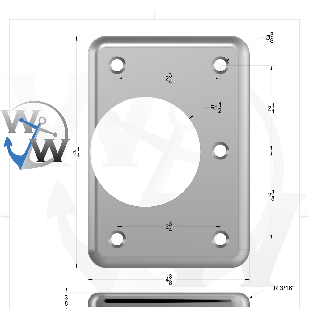 0014-L 3/8" Thick 6.25" x 4.375" Rectangular Aluminum Countersunk Pad - Spec Sheet Drawing