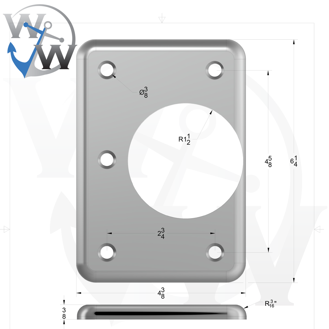 0014-R 3/8" Thick 6.25" x 4.375" Rectangular Aluminum Countersunk Pad - Spec Sheet Drawing