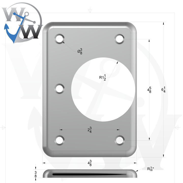 0014-R 3/8" Thick 6.25" x 4.375" Rectangular Aluminum Countersunk Pad - Spec Sheet Drawing