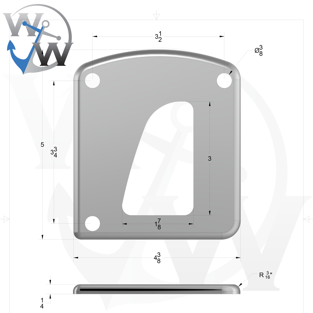 00154-L 3/8" Thick 3" x 2" D-Pipe Aluminum Grommet Pad - Spec Sheet Drawing