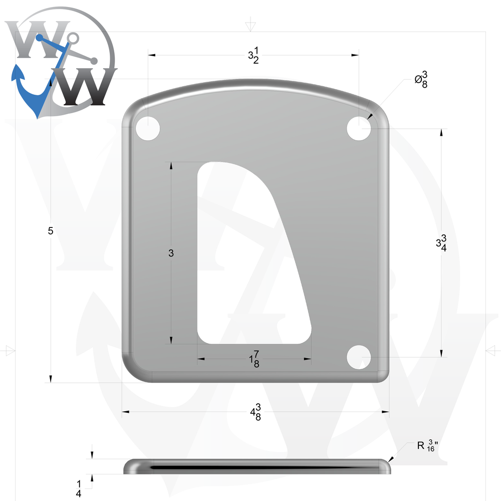 00154-R 1/4" Thick 3" x 2" D-Pipe Aluminum Grommet Pad - Spec Sheet Drawing