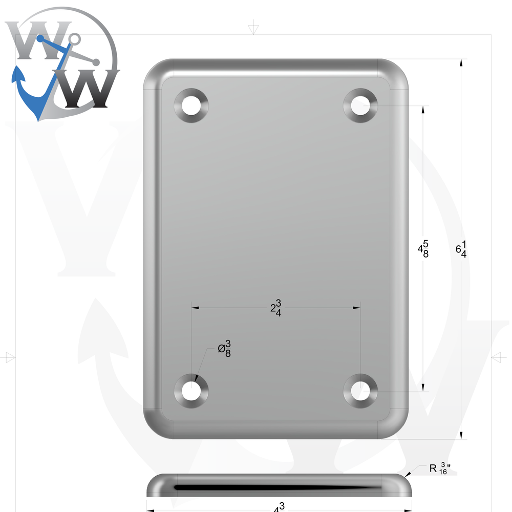 0155 3/8" Thick 6" x 4.25" Rectangular Aluminum Countersunk Pad - Spec Sheet Drawing