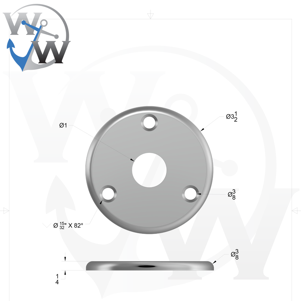 0156 1/4" Thick 3.5" OD Round Aluminum Countersunk Pad - Spec Sheet Drawing