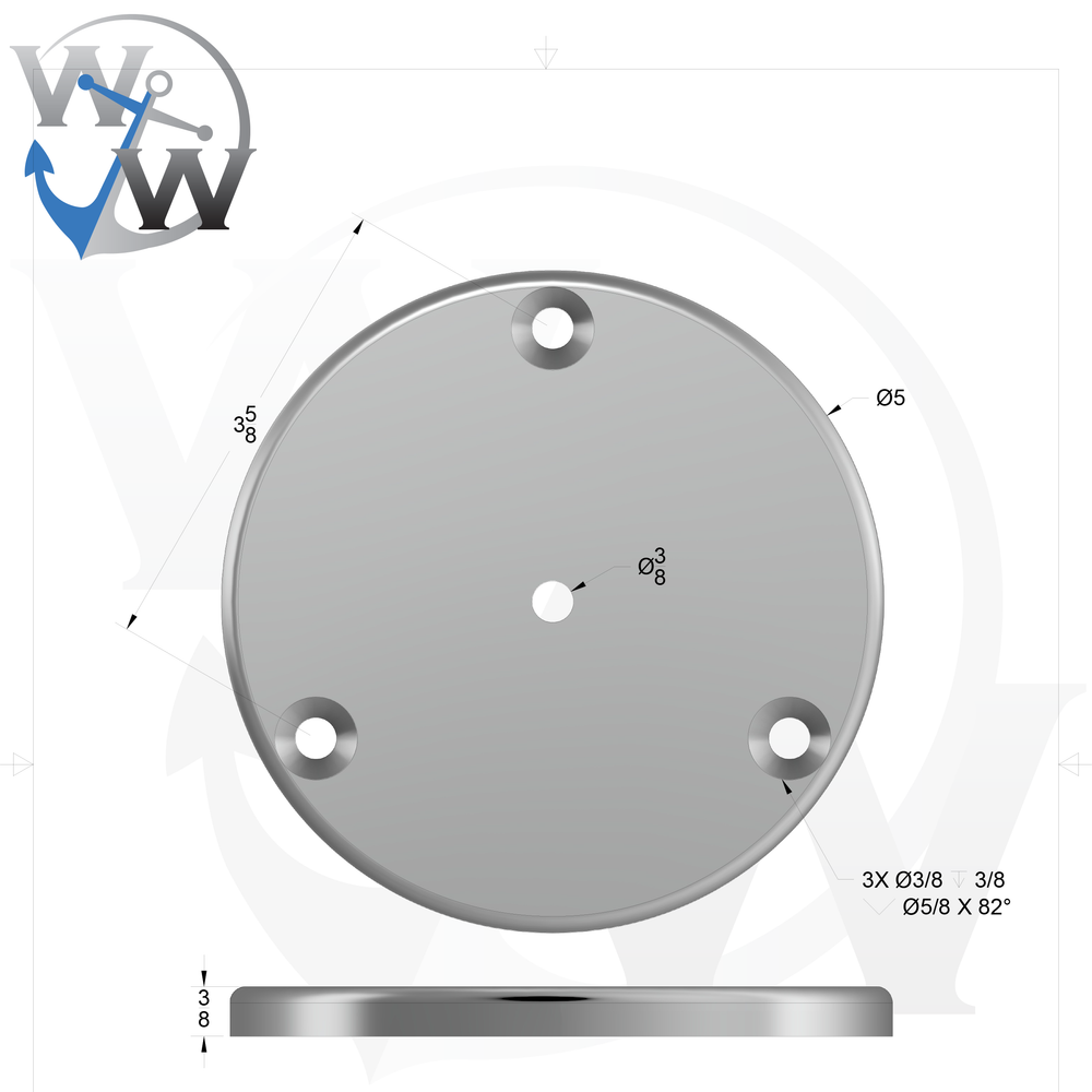 0162 3/8" Thick 5" OD Round Aluminum Backing Plate - Spec Sheet Drawing