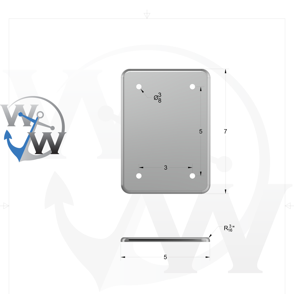 0164 1/4" 5" x 7" Rectangular Aluminum Grommet Pad - Spec Sheet Drawing