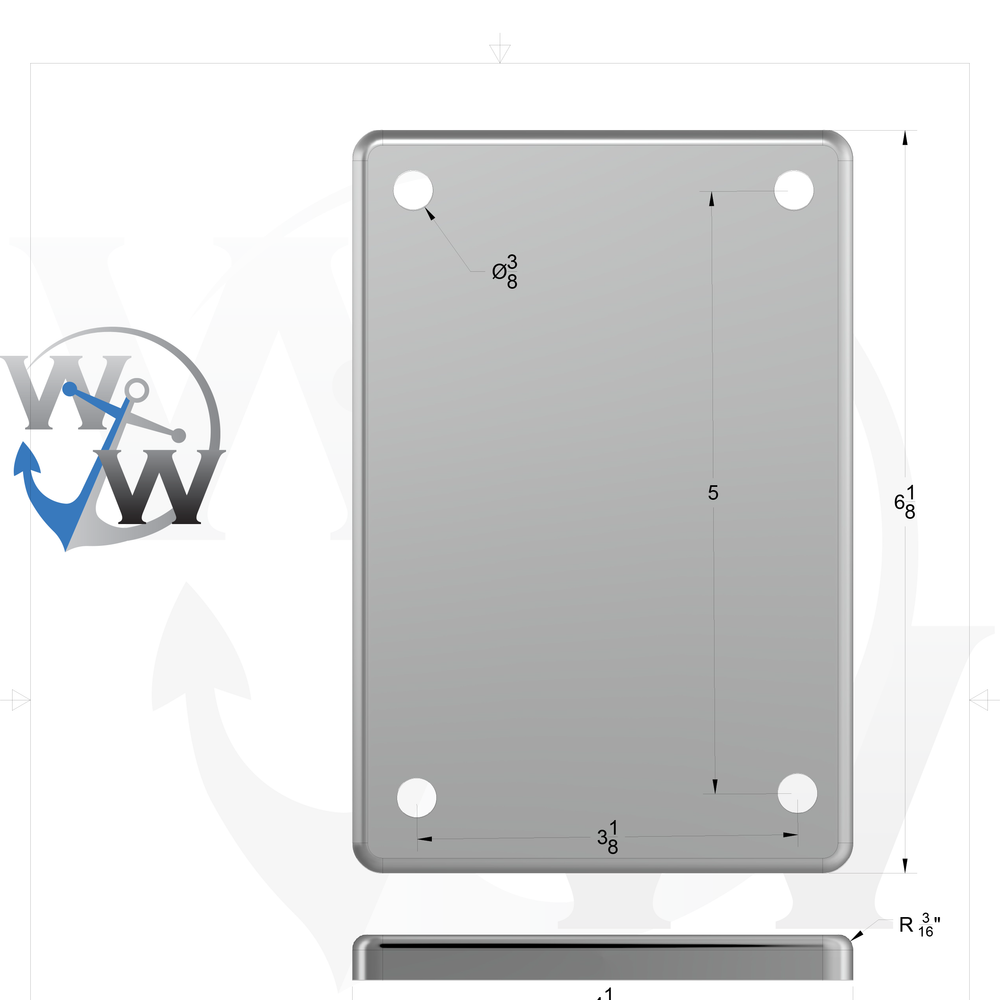 0166 3/8" 4" x 6" Rectangular Aluminum Grommet Pad - Spec Sheet Drawing