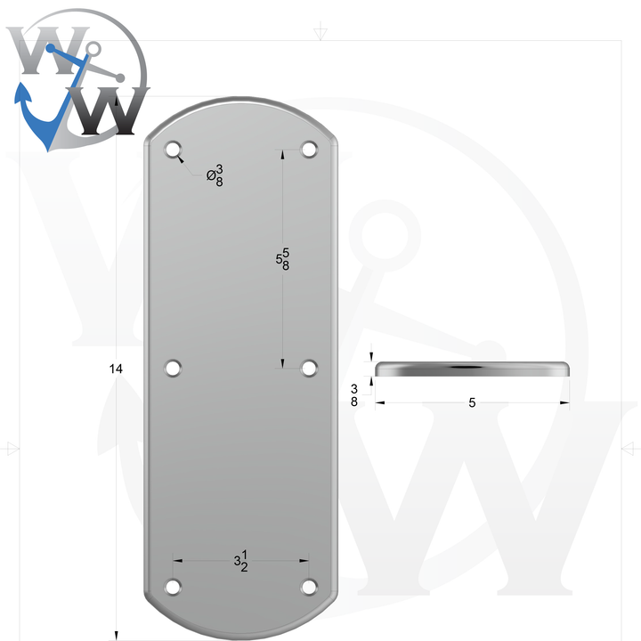 0169 3/8" 14" x 5" Oblong Aluminum Grommet Pad - Spec Sheet Drawing