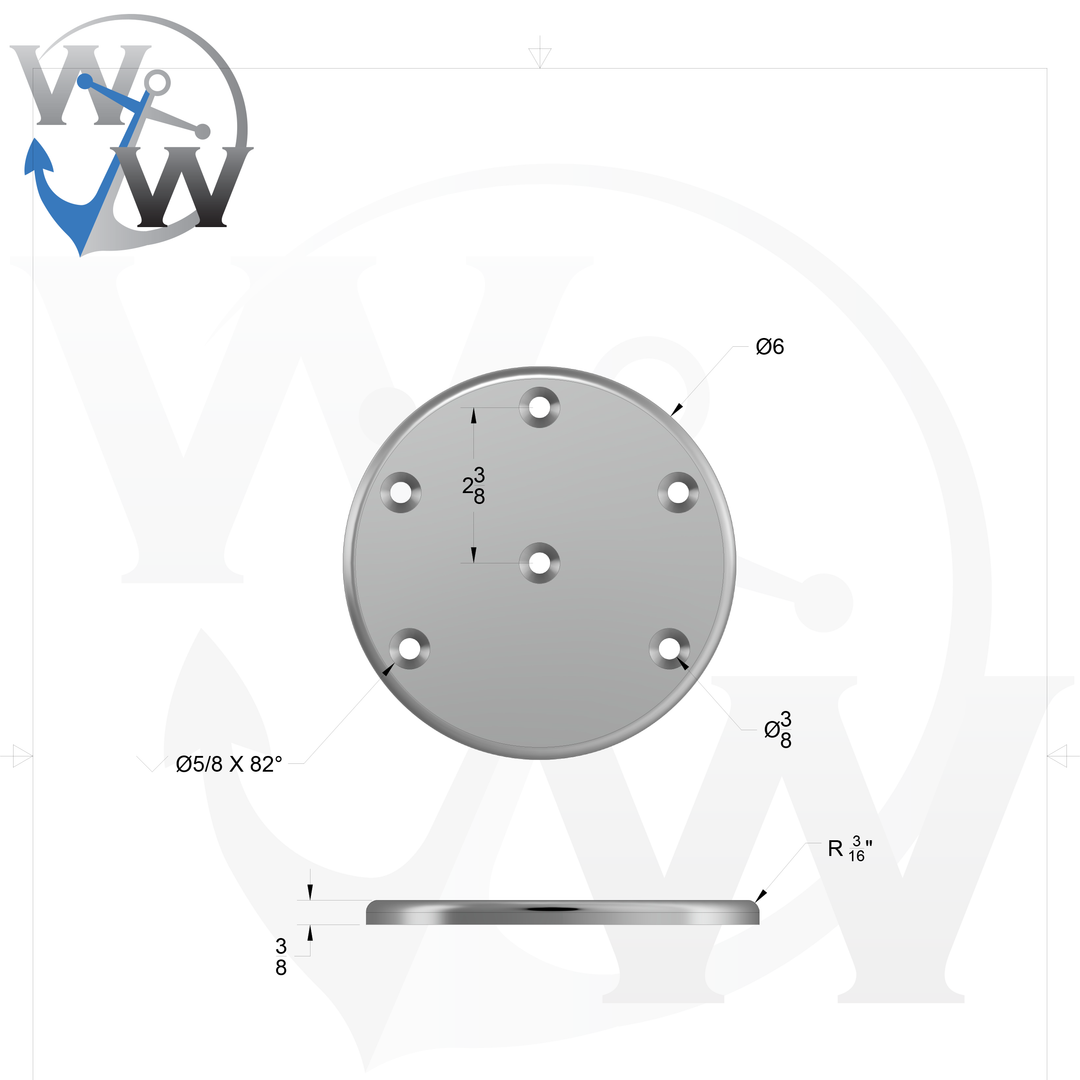 0030 3/8" Thick 6.125" OD Round Aluminum Countersunk Pad - Spec Sheet Drawing