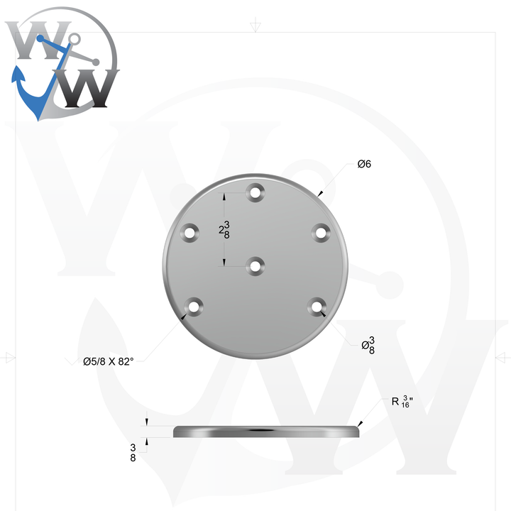 0030 3/8" Thick 6.125" OD Round Aluminum Countersunk Pad - Spec Sheet Drawing