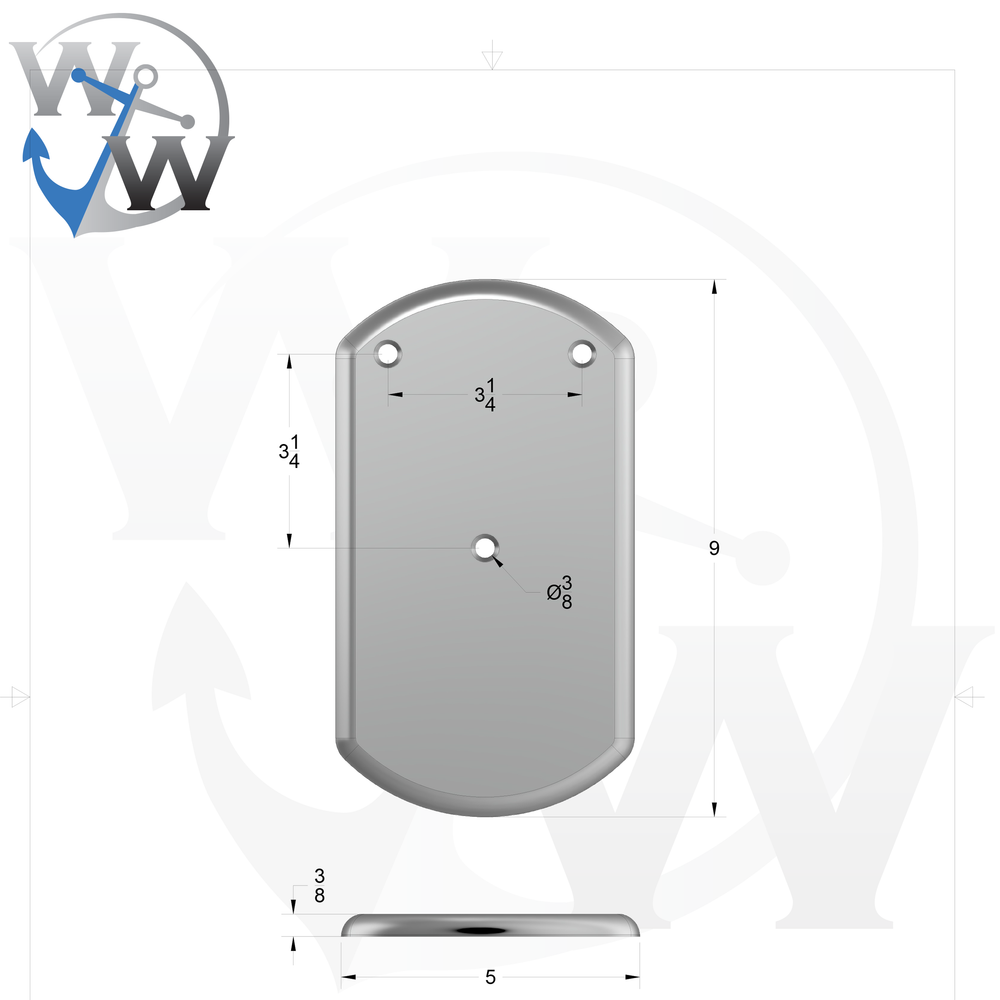 0042-A 3/8" 5" x 9" Oblong Aluminum Countersunk Pad - Spec Sheet Drawing