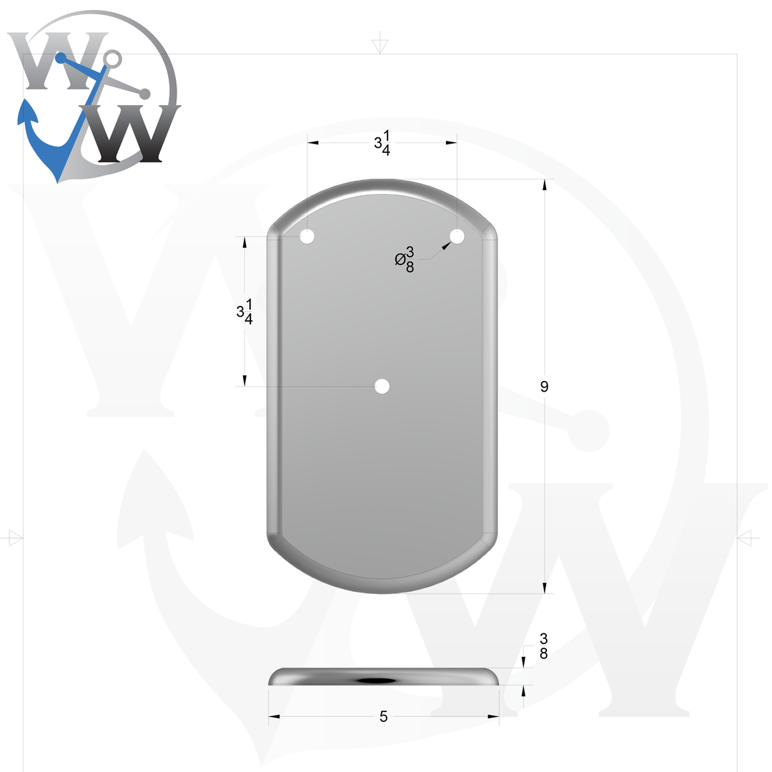 0042-B 3/8" 5" x 9" Oblong Aluminum Grommet Pad - Spec Sheet Drawing
