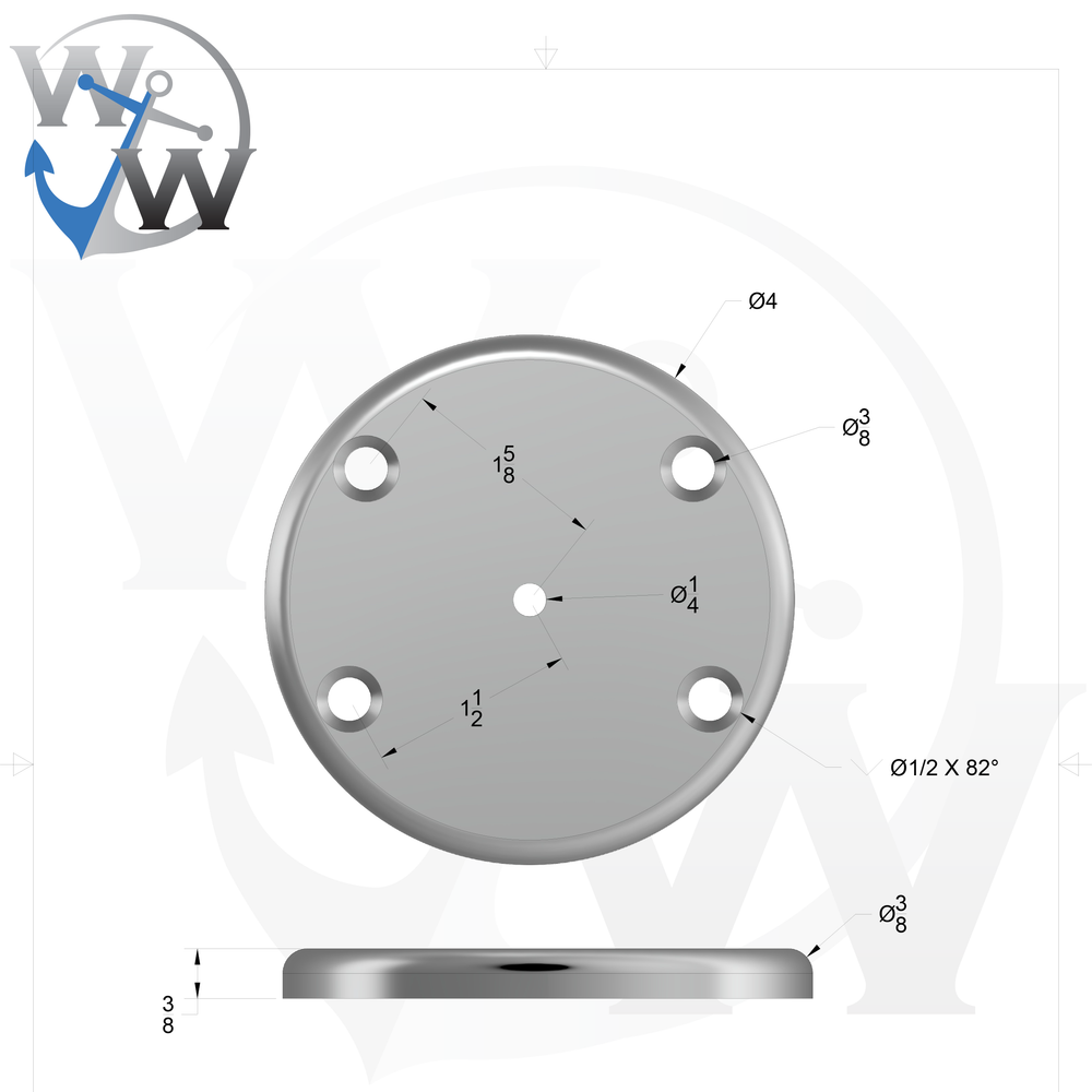 0050 3/8" Thick 4" OD Round Aluminum Countersunk Pad - Spec Sheet Drawing