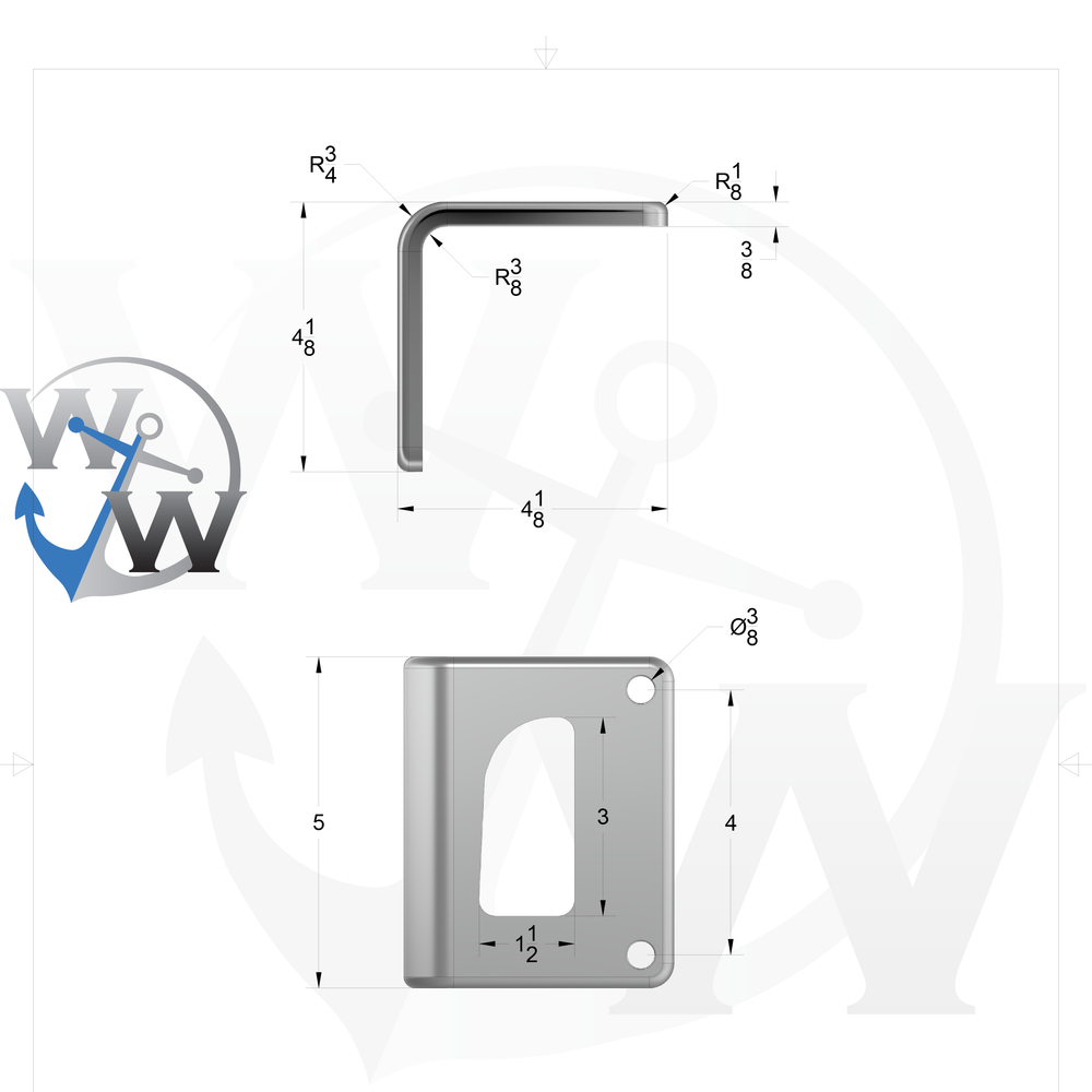 0060-L 3/8" 7.5" x 5" D-Pipe Aluminum Bent Grommet Pad - Spec Sheet Drawing
