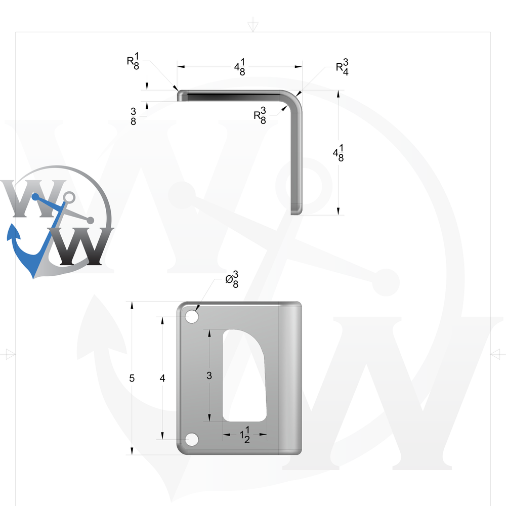 0060-R 3/8" 7.5" x 5" D-Pipe Aluminum Bent Grommet Pad - Spec Sheet Drawing