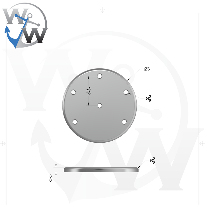 0067 3/8" Thick 6" OD Round Aluminum Countersunk Pad - Spec Sheet Drawing