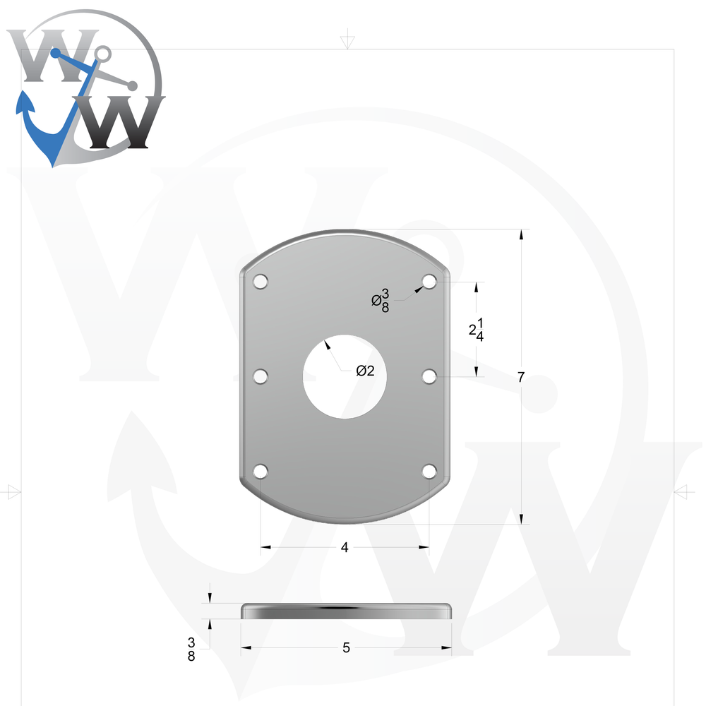 0069-A 3/8" Thick 7" x 5" Oblong Aluminum Countersunk Pad - Spec Sheet Drawing