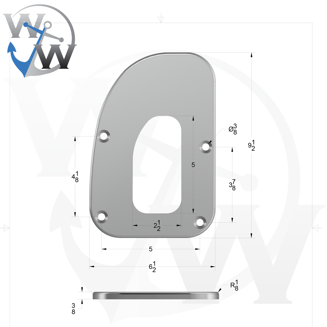 0070-L 3/8" 9.5" x 6.5" D-Pipe Aluminum Countersunk Pad - Spec Sheet Drawing