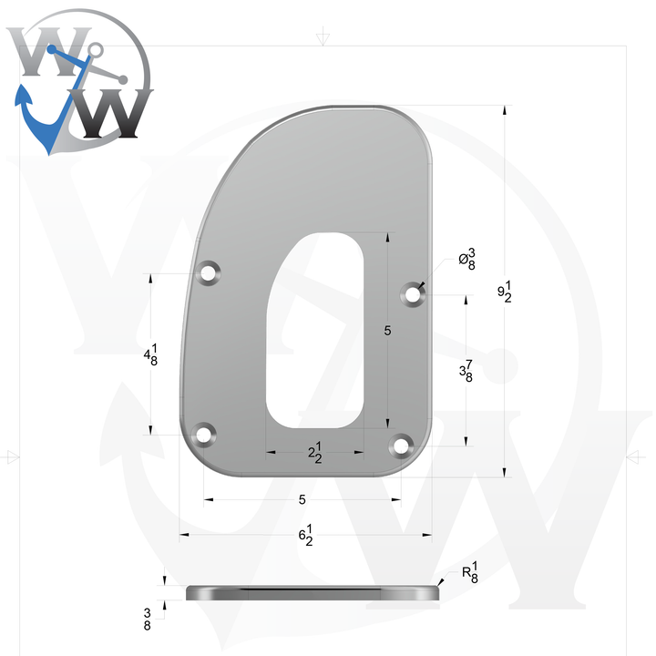 0070-L 3/8" 9.5" x 6.5" D-Pipe Aluminum Countersunk Pad - Spec Sheet Drawing