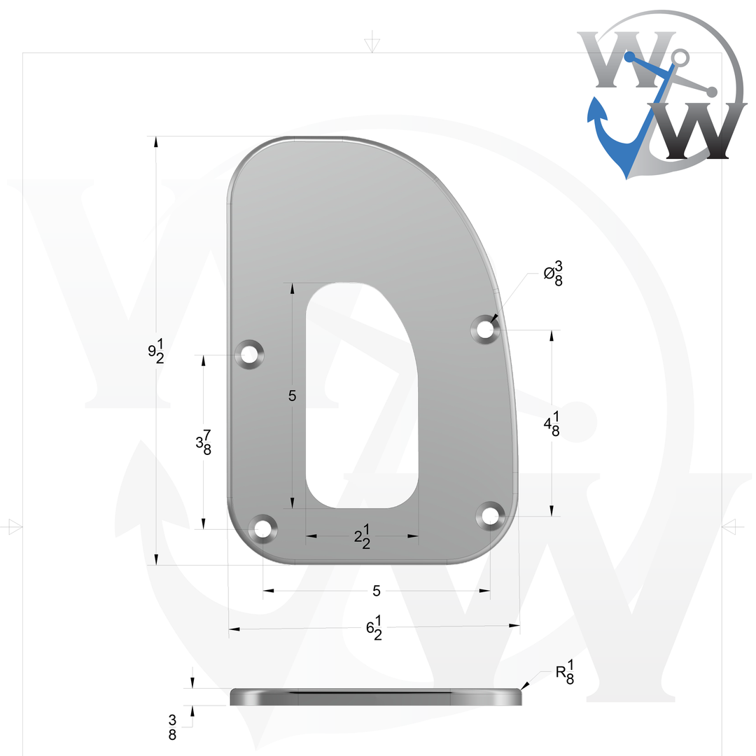 0070-R 3/8" 9.5" x 6.5" D-Pipe Aluminum Countersunk Pad - Spec Sheet Drawing