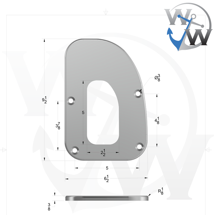 0070-R 3/8" 9.5" x 6.5" D-Pipe Aluminum Countersunk Pad - Spec Sheet Drawing