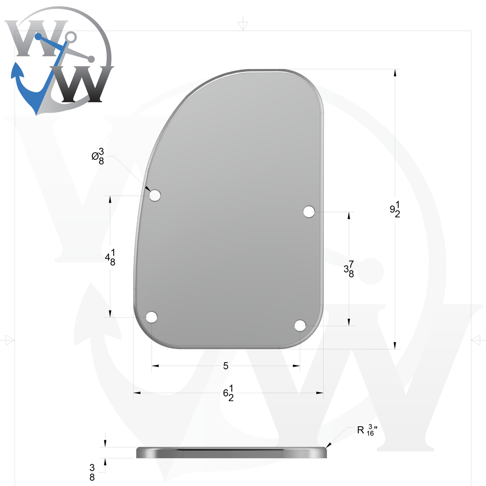 0071-L 3/8" 9.5" x 6.5" D-Pipe Aluminum Grommet Pad - Spec Sheet Drawing
