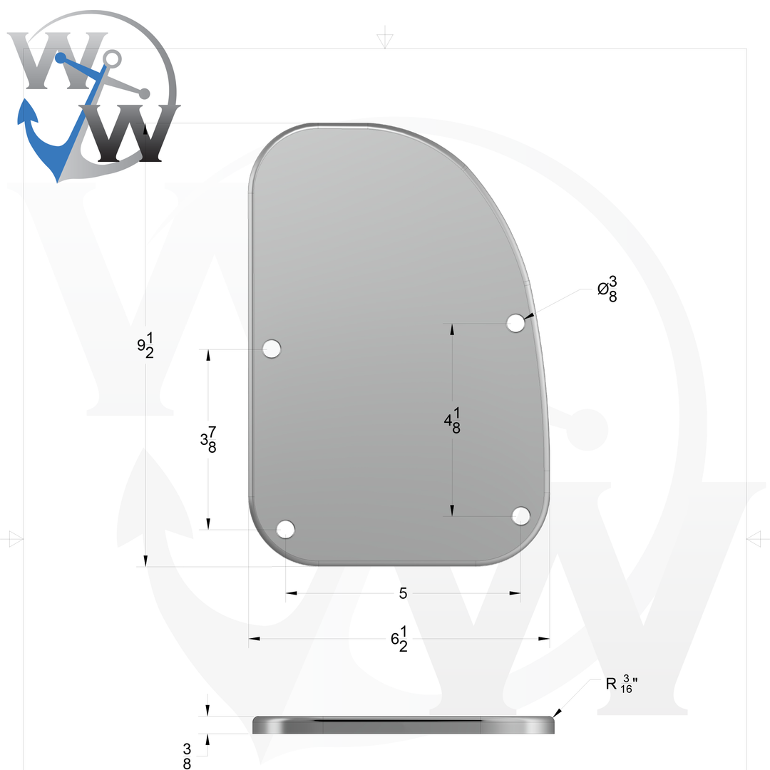 0071-R 3/8" 9.5" x 6.5" D-Pipe Aluminum Grommet Pad - Spec Sheet Drawing