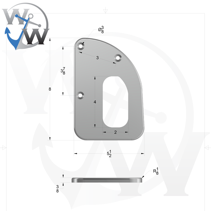 0072-R 3/8" 8" x 5.5" D-Pipe Aluminum Countersunk Pad - Spec Sheet Drawing