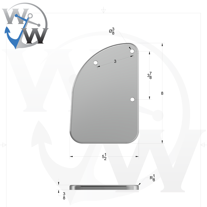 0073-L 3/8" 8" x 5.5" D-Pipe Aluminum Grommet Pad - Spec Sheet Drawing